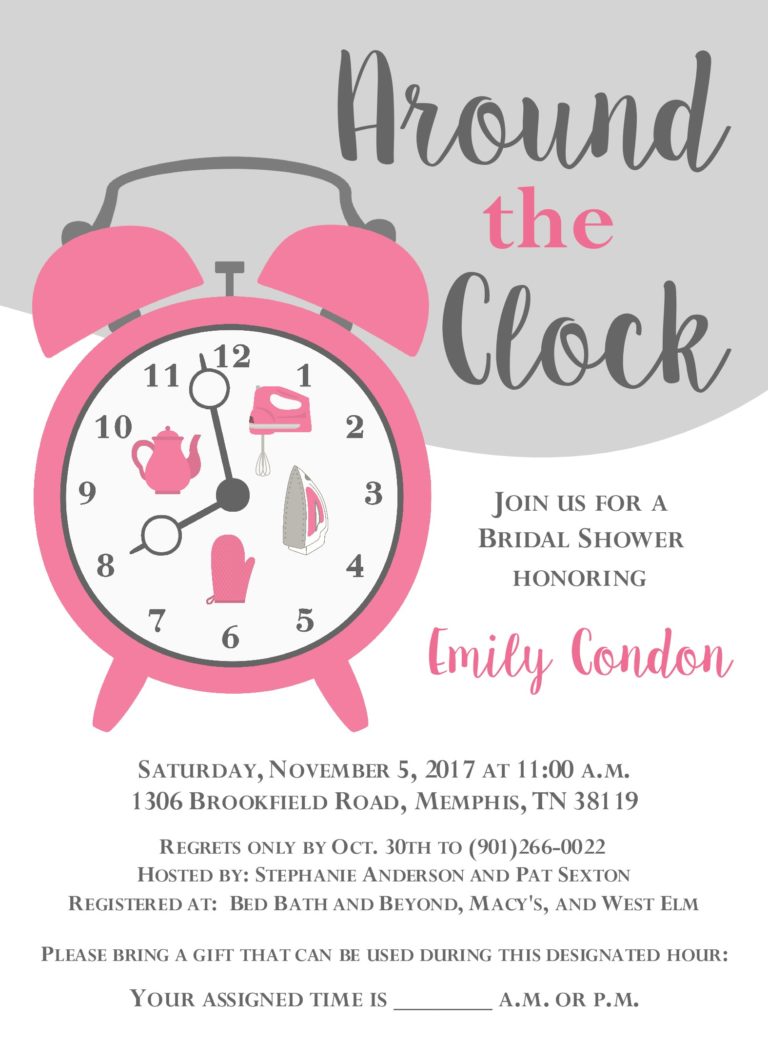 Around The Clock 2 Pink Wedding Shower Invitation